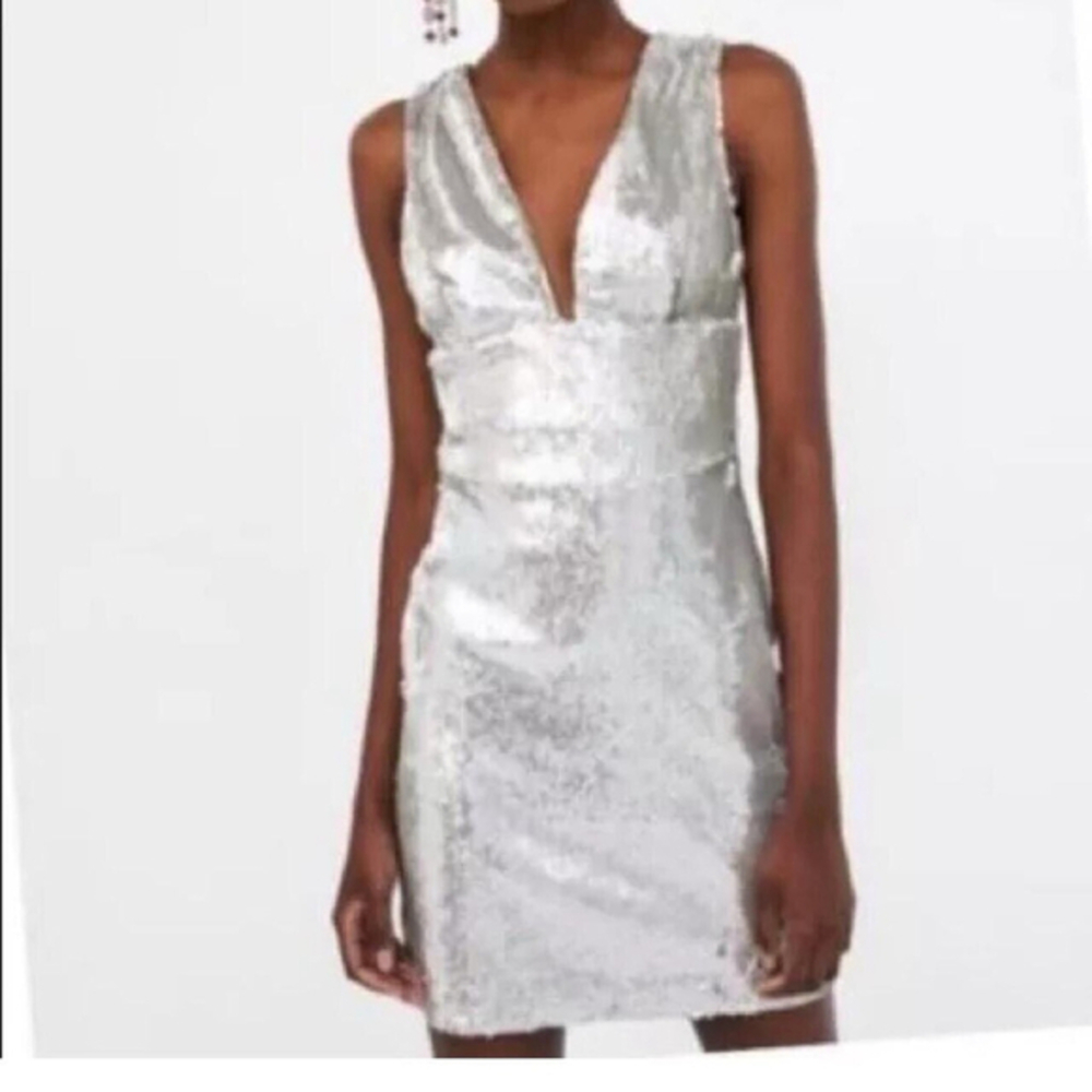 Zara Basic Party Sequin Metallic Plunge Vneck Dress
